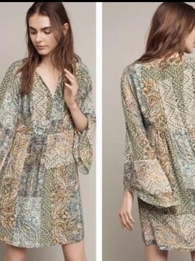 Floreat Multi-Print V-Neck Mini Dress in Green and Tan